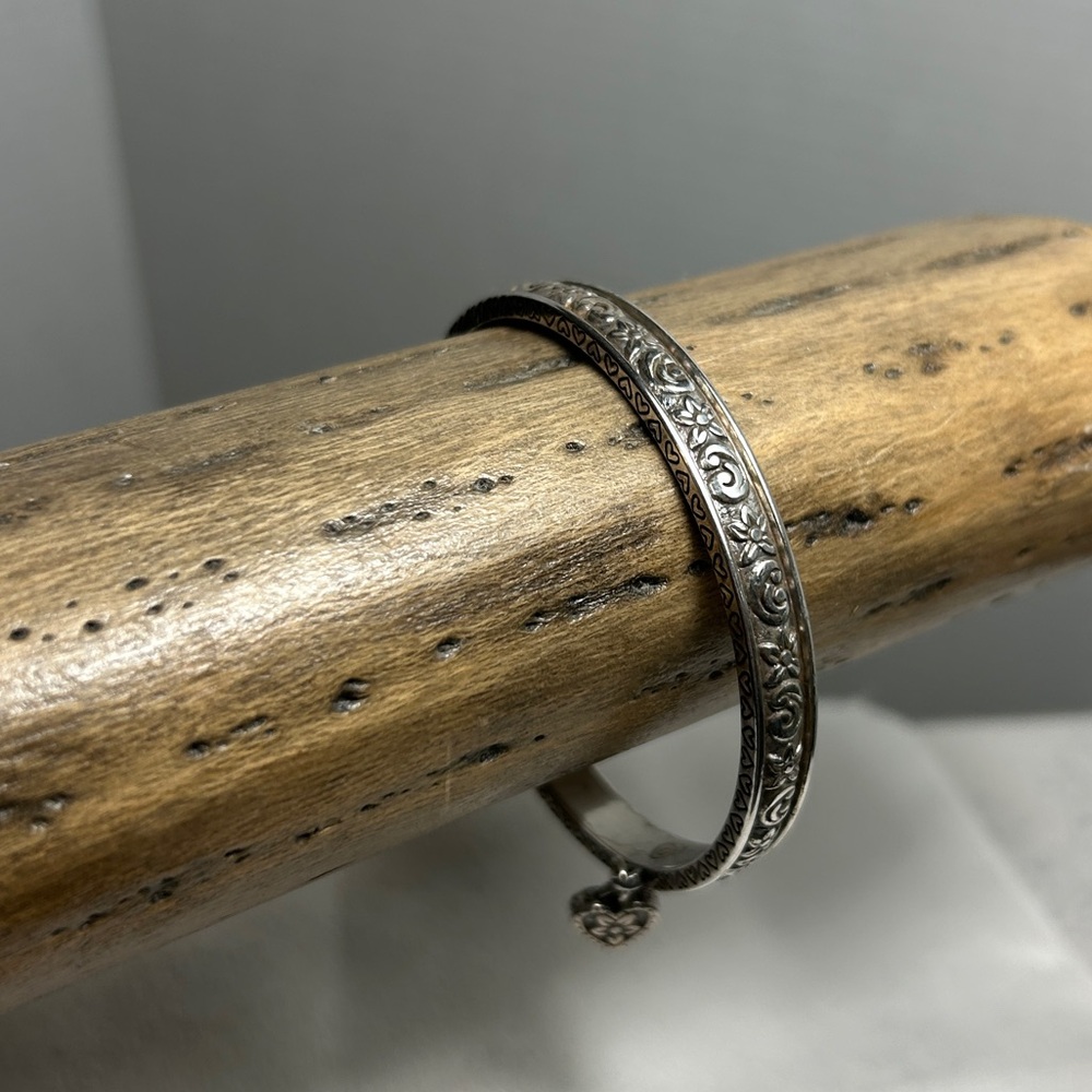 Brighton Etched Floral Bangle Bracelet with Small Heart Charm Silver Plated - Picture 3 of 13